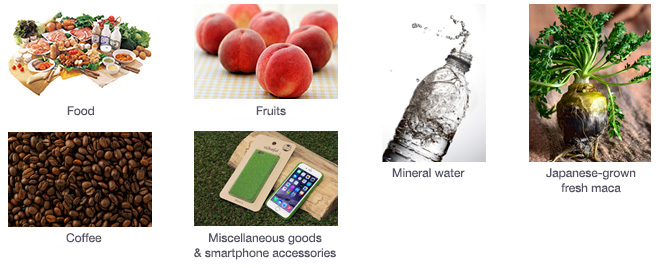 Food, Fruits, Coffee, Miscellaneous goods & smartphone accessories, Mineral water, Japanese-grown fresh maca