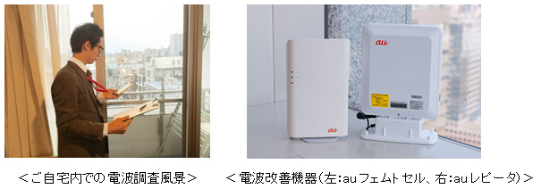 ご自宅内での電波調査風景　電波改善機器 (左:auフェムトセル、右:auレピータ)