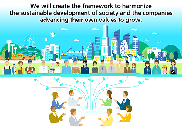 We will create the framework to harmonize the sustainable development of society and the companies advancing their own values to grow.