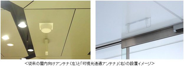従来の屋内向けアンテナ (左) と「可視光透過アンテナ」(右) の設置イメージ